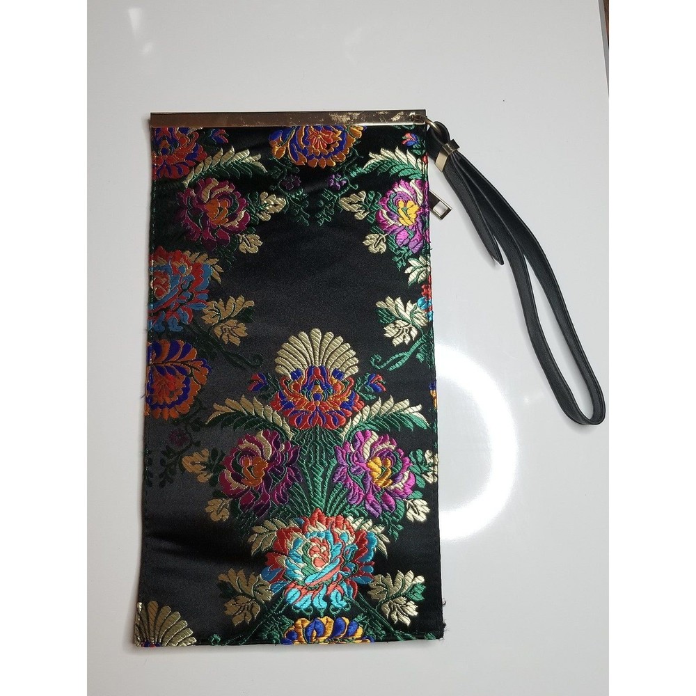 Floral Jacquard Strap Purse Handbag Black w/ Flowers